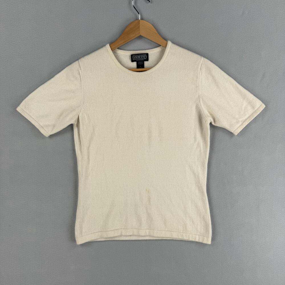 Lands' End Sweater Womens Small White 100% Cashmere Short Sleeve Crewneck Knit